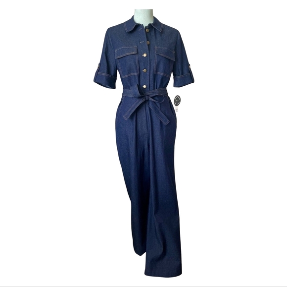 Vintage Denim Jumpsuit Romper With Short Sleeve And Wide Leg - Picture 1 of 6